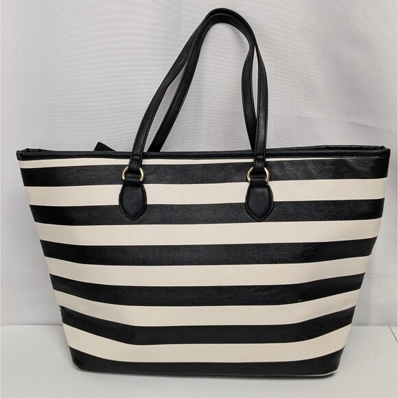 Luv Betsey Johnson Black White Striped Glitter Pink Heart Bow Tote Bag - Picture 4 of 11